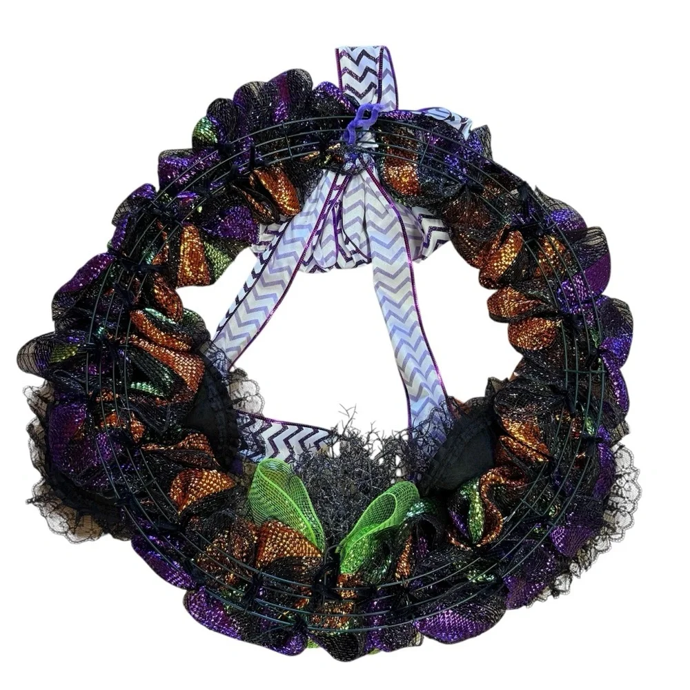 Halloween Glitter Mesh Wreath with Witch Hats, Black Cat & Purple Bow – 24″
